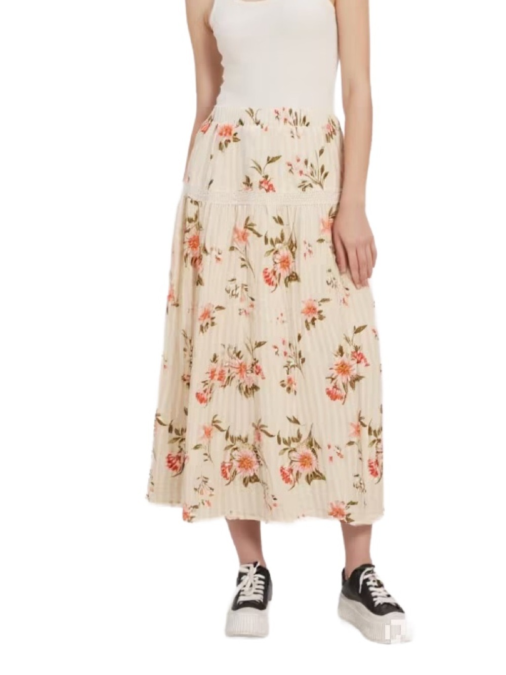 Mexx Cotton Maxi Skirt with Coral Floral Print in Creamy Yellow Size Small